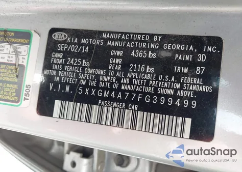 2015 Kia Optima Lx from USA, damaged, VIN 5XXGM4A77FG399499